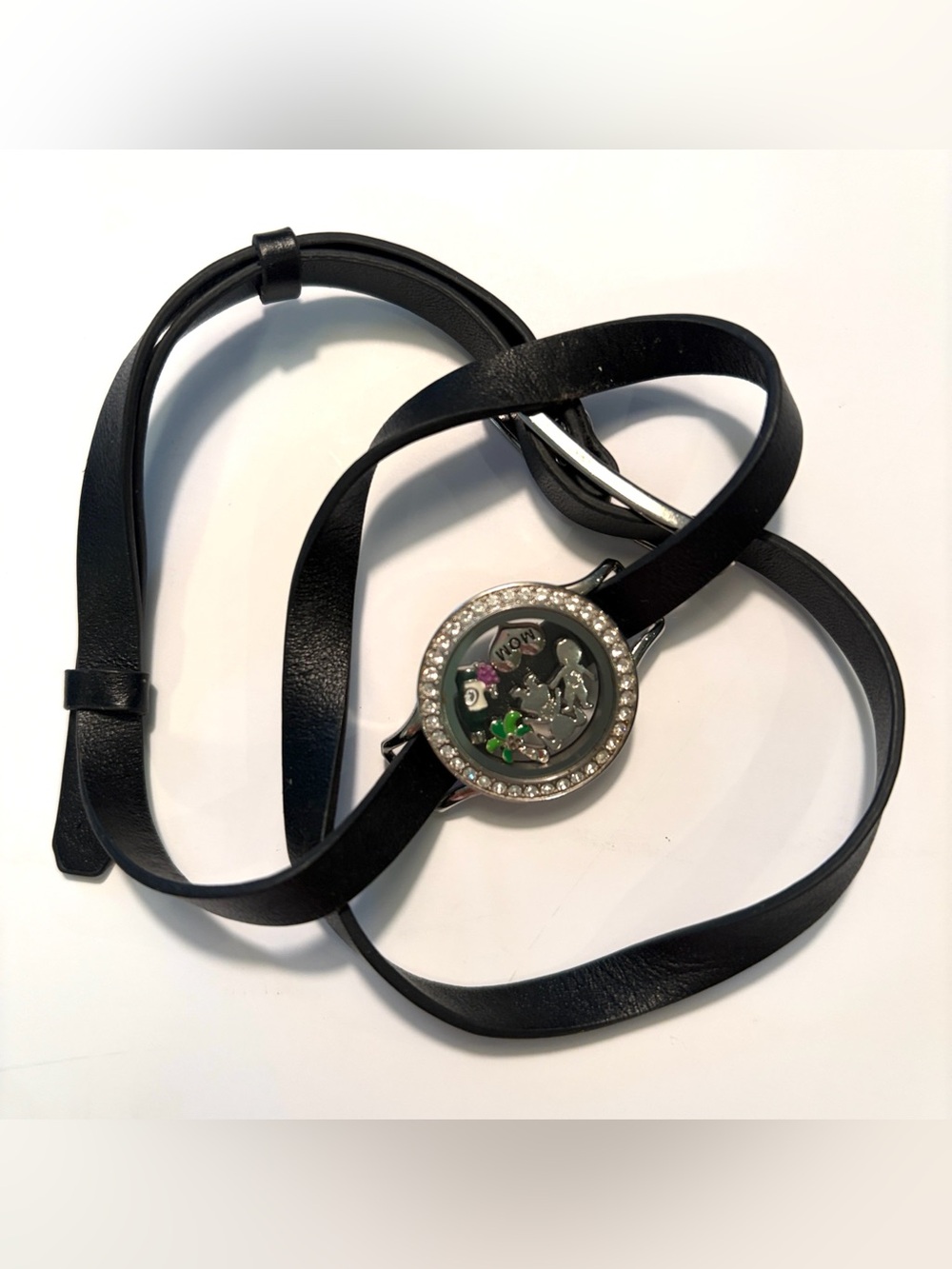 Origami Owl Jewelry Black Leather Double Wrap Bracelet 4 Charms Silver Tone